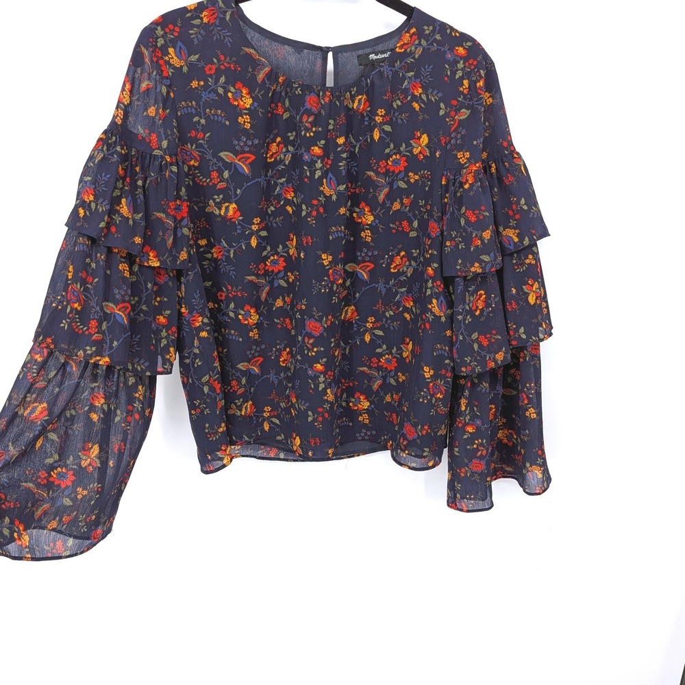 Madewell Floral Tiered Sleeve Top Women Small Navy Blue Boho‎ Chiffon Blouse